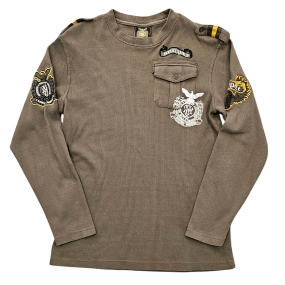 VINTAGE Y2K SouthPole Olive Green Waffle Knit Thermal Military Eagle Top Medium - Picture 1 of 6